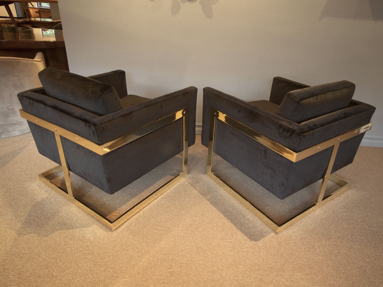 Brass And Velvet "Cube" Chairs By Milo Baughman For Thayer Coggin