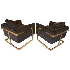 Brass And Velvet "Cube" Chairs By Milo Baughman For Thayer Coggin