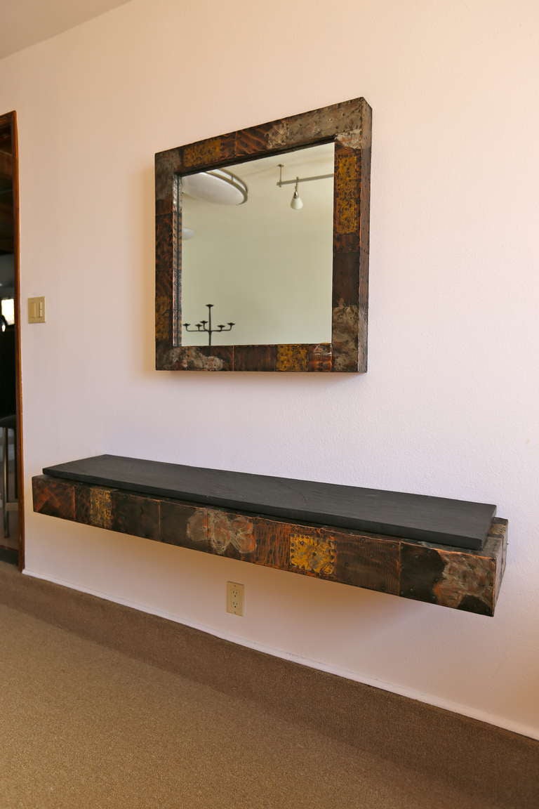 Wood Brutalist Mirror and Console Table by Paul Evans