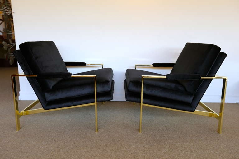 Pair of Brass & Velvet Lounge Chairs by Milo Baughman for Thayer Coggin.