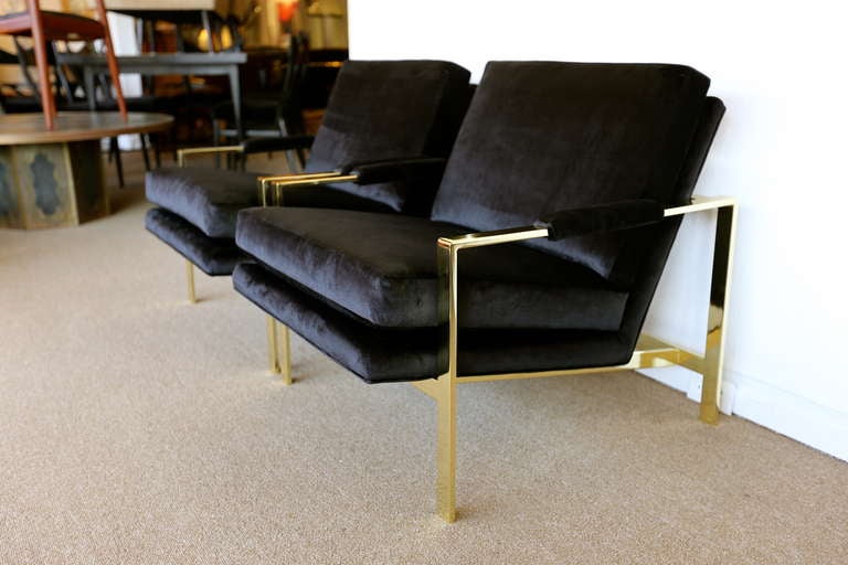 Pair of Brass & Velvet Lounge Chairs by Milo Baughman 3