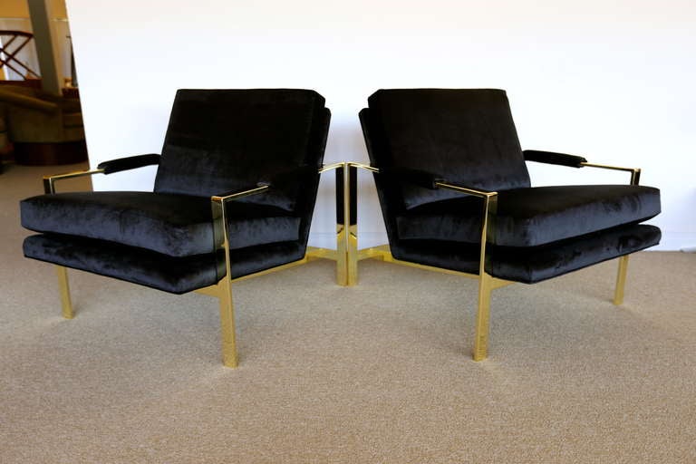 American Pair of Brass & Velvet Lounge Chairs by Milo Baughman