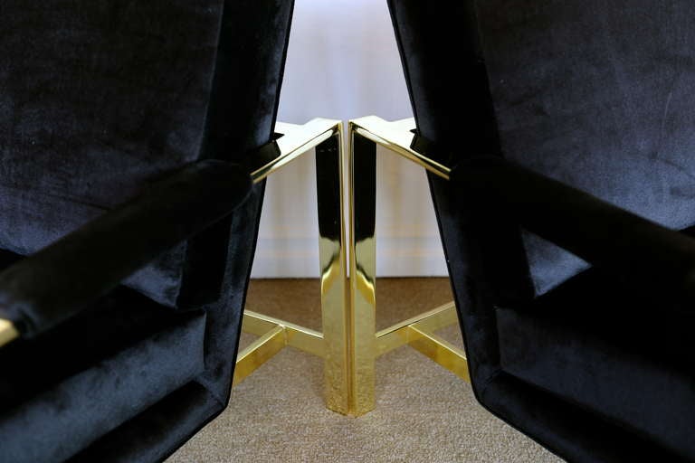 Pair of Brass & Velvet Lounge Chairs by Milo Baughman 2