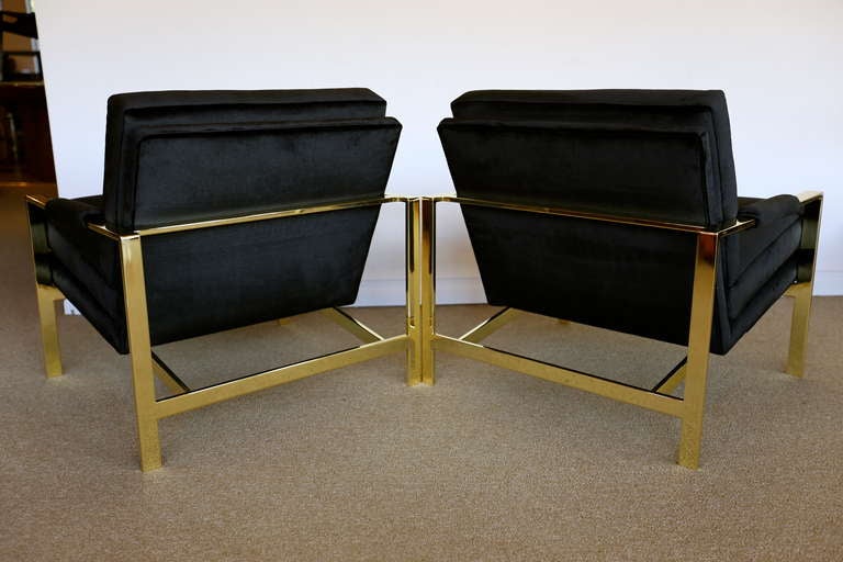 Pair of Brass & Velvet Lounge Chairs by Milo Baughman 1