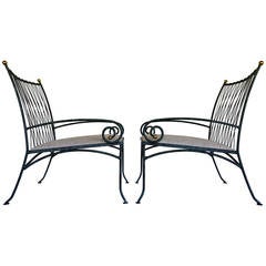 Pair of Verdigris Scroll Arm Iron Lounge Chairs