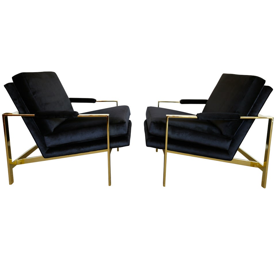 Pair of Brass & Velvet Lounge Chairs by Milo Baughman
