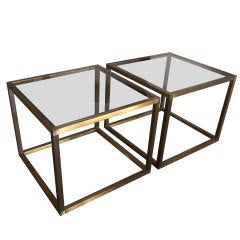 Pair Smoked Glass And Brass Open Cube Tables