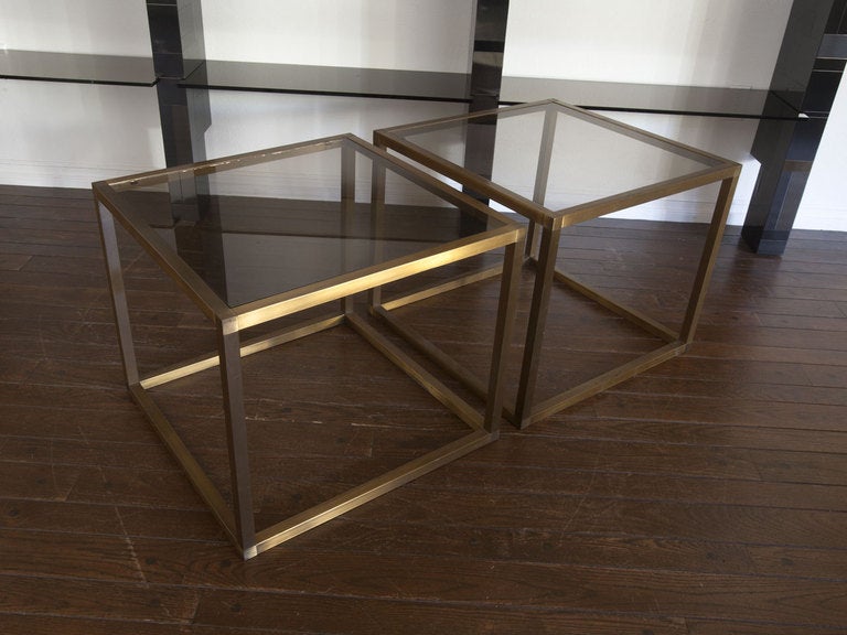 Pair smoked glass and brass cube tables