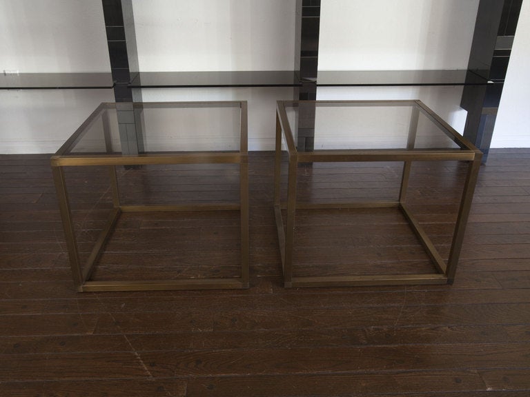 American Pair Smoked Glass And Brass Open Cube Tables