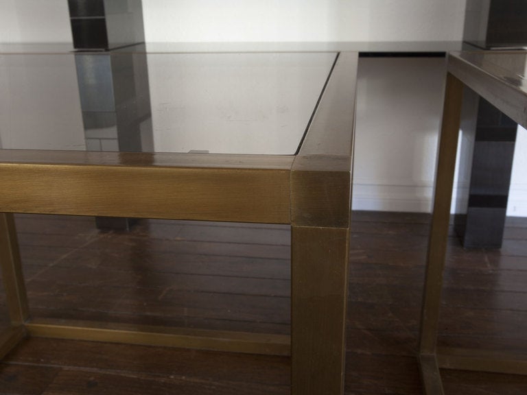 Pair Smoked Glass And Brass Open Cube Tables In Excellent Condition In San Juan Capistrano, CA