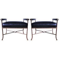Pair of Mid Century Brass & Leather Benches