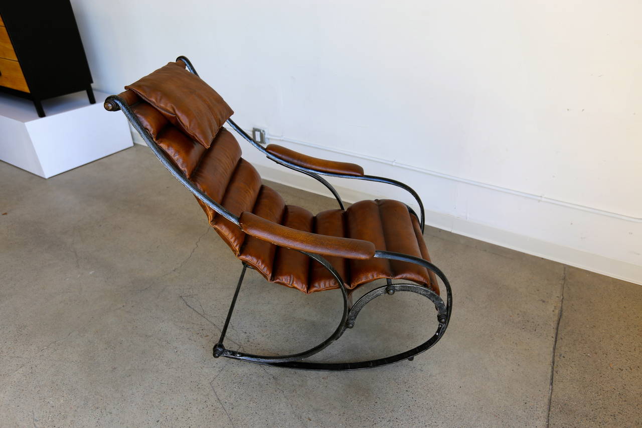 Sculptural Leather and Steel Rocking Chair In Good Condition In Costa Mesa, CA
