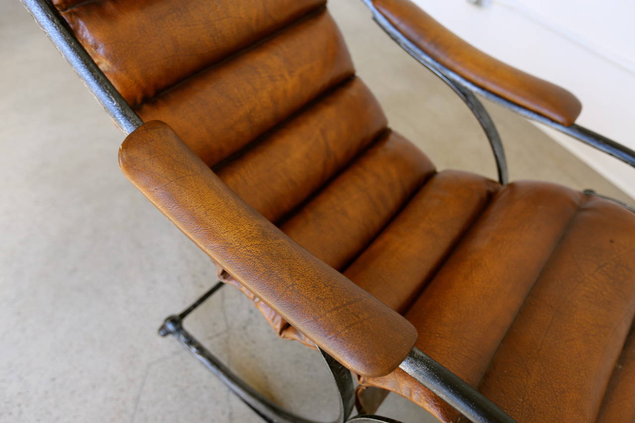 20th Century Sculptural Leather and Steel Rocking Chair