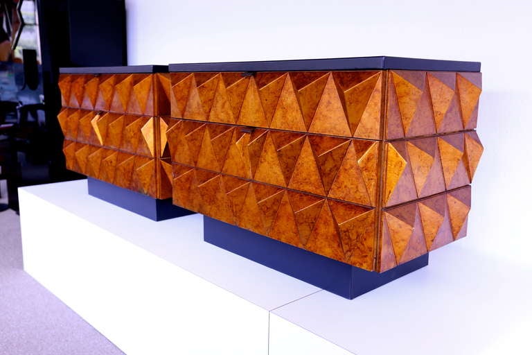 Sculptural faux tortoise-shell finished. This set has a leather top and base with bronze finished pulls. Matching dresser is also available.