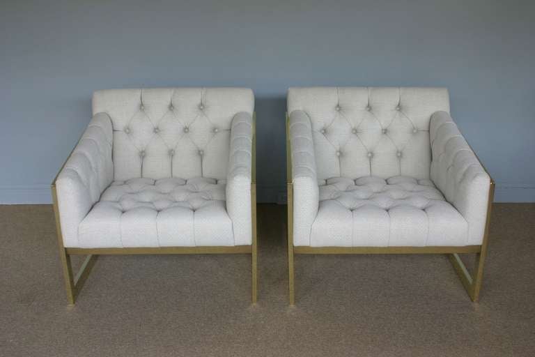 Pair of brass framed and tufted cantilevered lounge chairs by Milo Baughman In Excellent Condition In San Juan Capistrano, CA