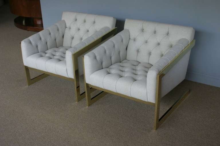 Late 20th Century Pair of brass framed and tufted cantilevered lounge chairs by Milo Baughman