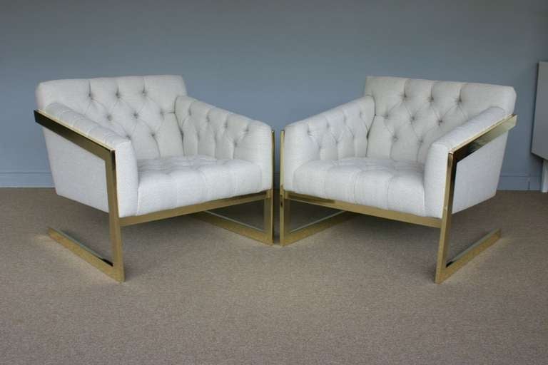 Pair of brass framed and tufted cantilevered lounge chairs by Milo Baughman 2
