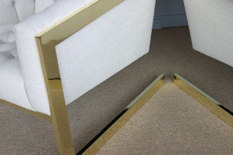 Pair of brass framed and tufted cantilevered lounge chairs by Milo Baughman 3