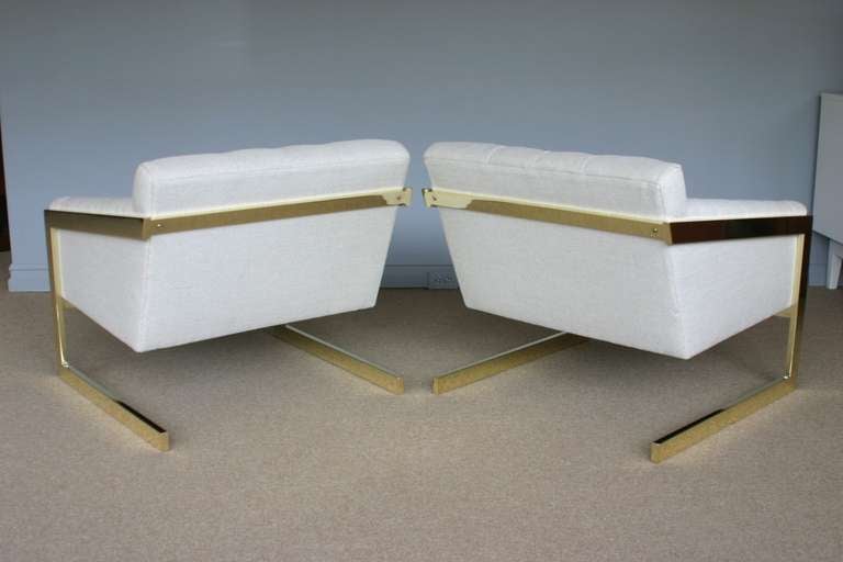 Pair of brass framed and tufted cantilevered lounge chairs by Milo Baughman 4