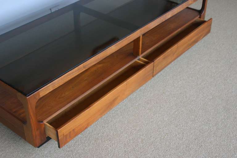Walnut & Smoked Glass Coffee Table By John Keal  In Excellent Condition In Costa Mesa, CA