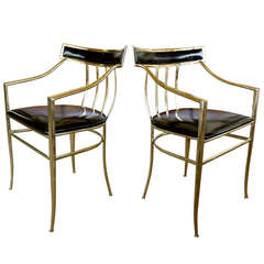 Pair of Klismos Brass & Patent Leather Arm Chairs by Chiavari