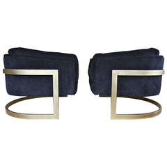 Pair of Burnished Brass Cantilevered Lounge Chairs by Milo Baughman