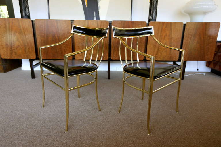 Pair of Klismos Brass & Patent Leather Arm Chairs by Chiavari