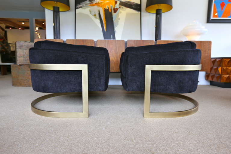 Pair of burnished brass cantilevered lounge chairs by Milo Baughman for Thayer Coggin Furniture Co.