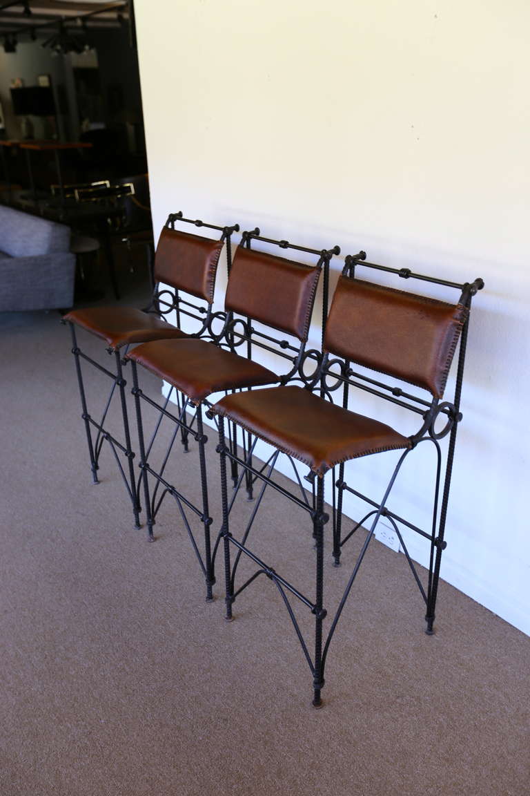 Set of Three Iron & Leather Barstools by Ilana Goor.
