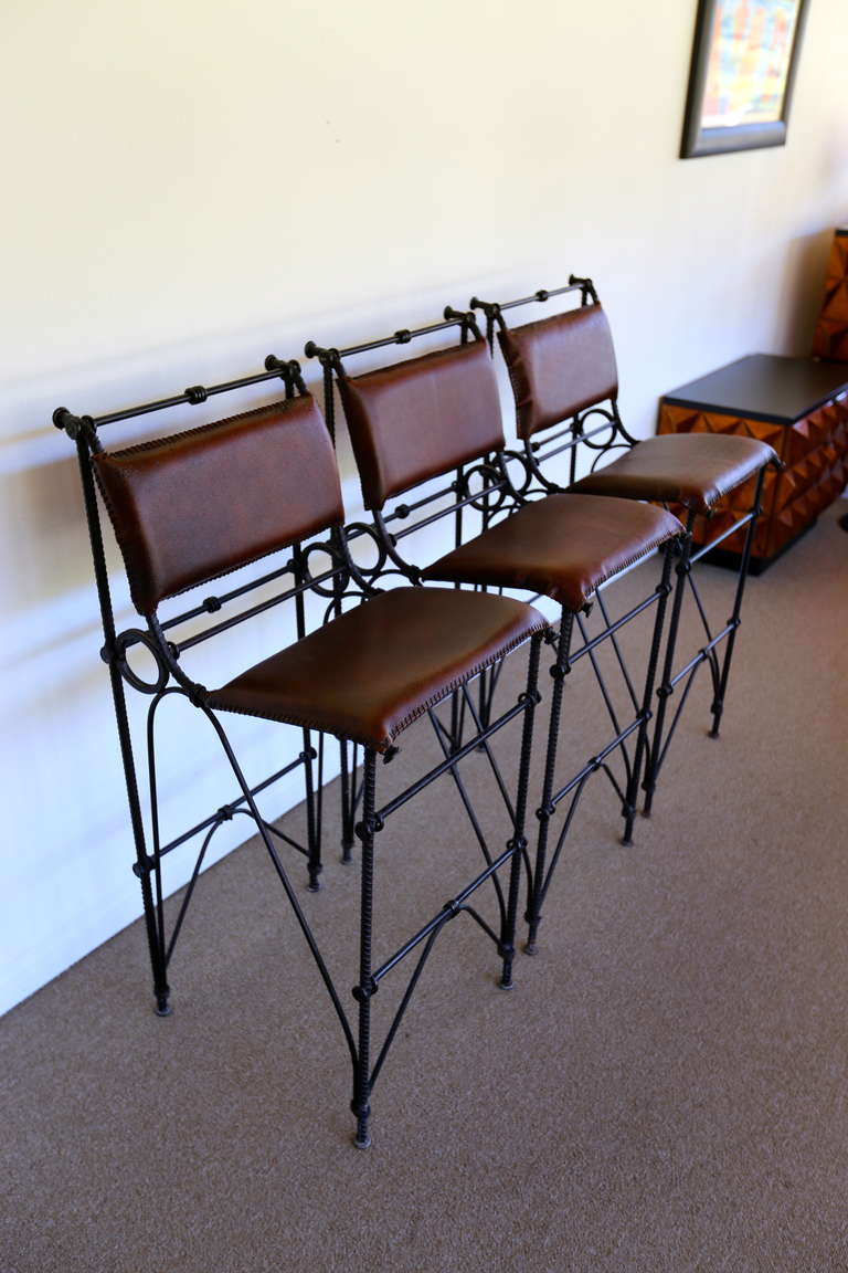 20th Century Set of Three Iron & Leather Barstools by Ilana Goor