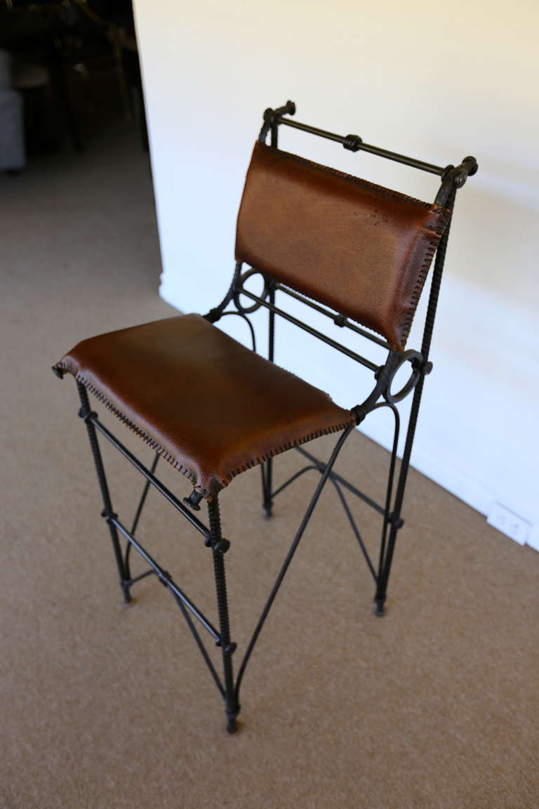 Mid-Century Modern Set of Three Iron & Leather Barstools by Ilana Goor
