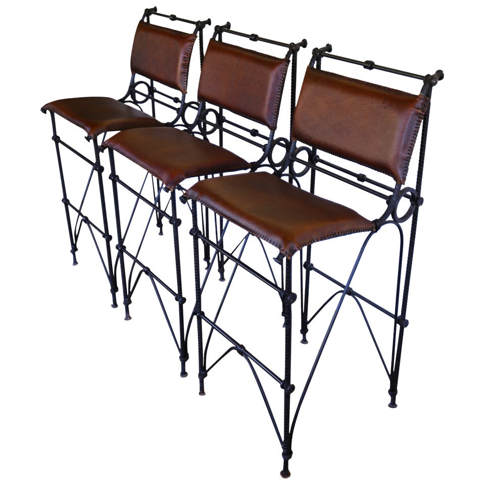 Set of Three Iron & Leather Barstools by Ilana Goor