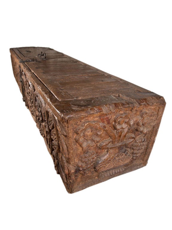 Monumental antique cellarette / chest Mexico circa 1880.  Hand carved from a single trunk.  Forged iron hardware.  Amazing detail work.  Provenance:  Big Canyon Country Club located in Newport Beach Ca.