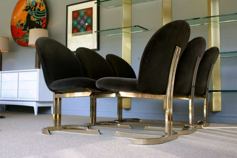 Late 20th Century Set Of Six Cantilevered Brass Dining Chairs Att: Pierre Cardin 