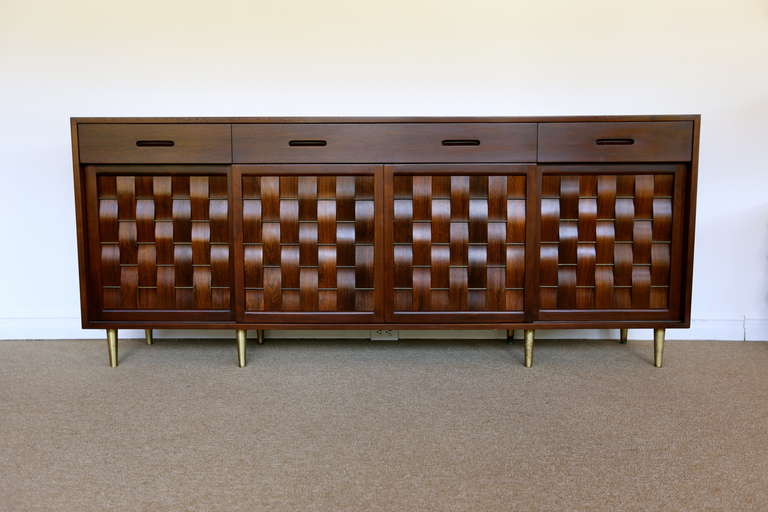 Rosewood and walnut basket weave credenza by Edward Wormley for Dunbar. Excellent original condition.