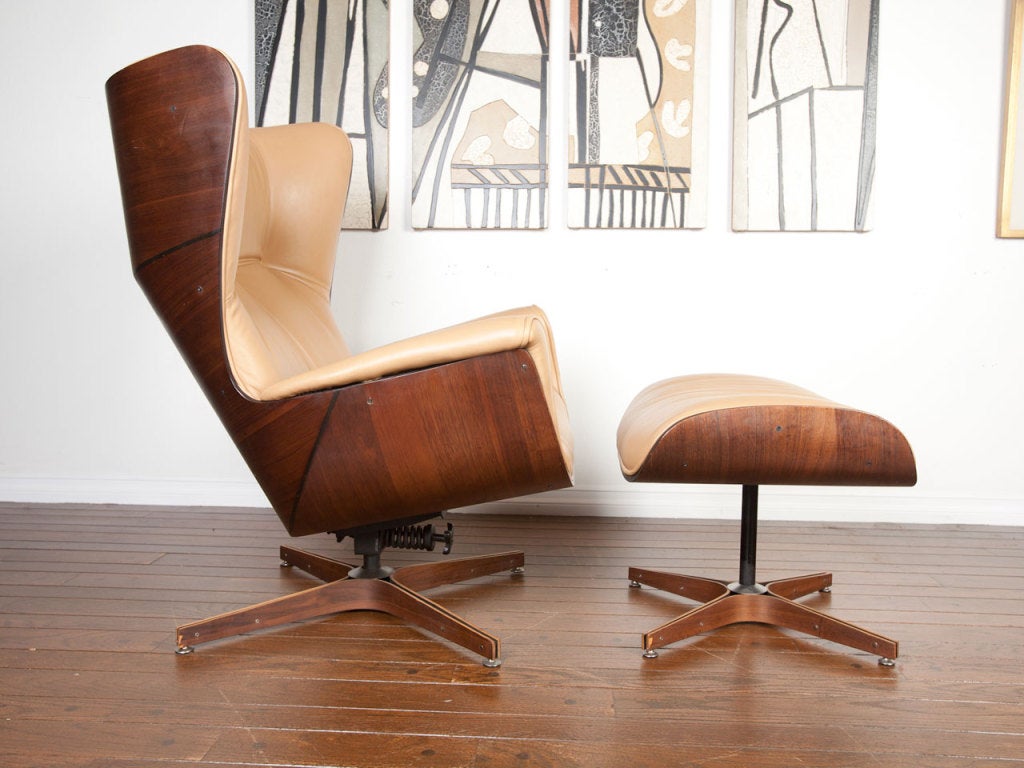 Bent-wood lounge chair and ottoman designed by George Mulhauser for plycraft.  Ottoman measures 23 1/2