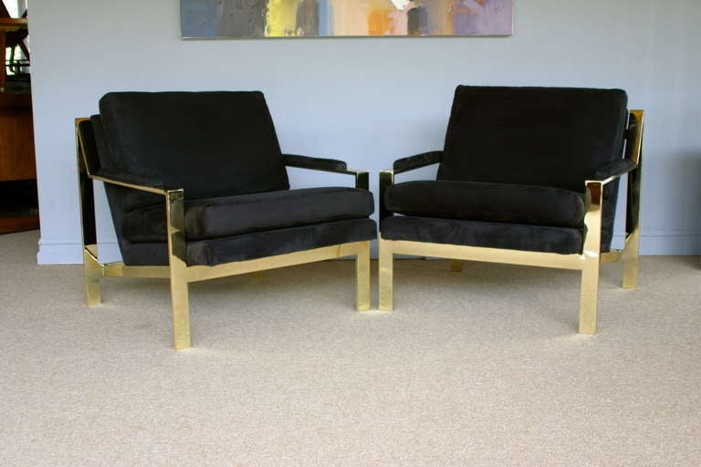 Fabric Pair of brass lounge chairs by Milo Baughman