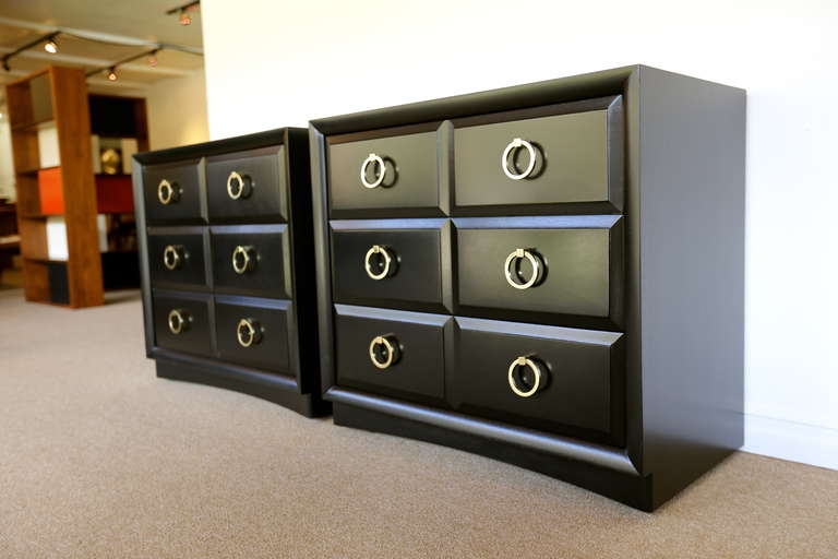 Classic Pair of Ebonized Chest by Widdicomb.  Solid brass ring hardware.