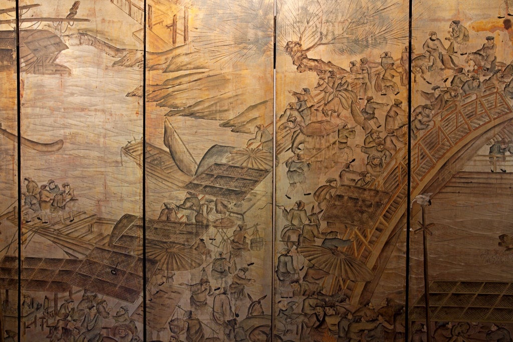 Wood Six panel Chinoiserie floor screen