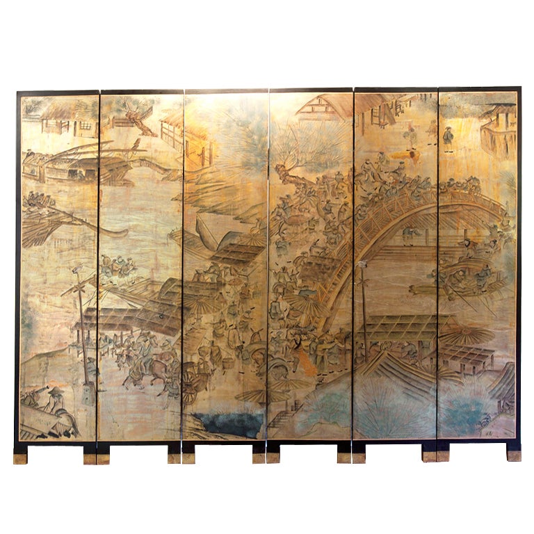 Six panel Chinoiserie floor screen