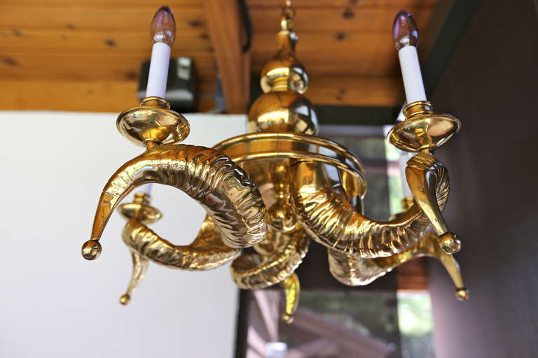 Mid-Century Modern Solid Brass Rams Horn Chandelier