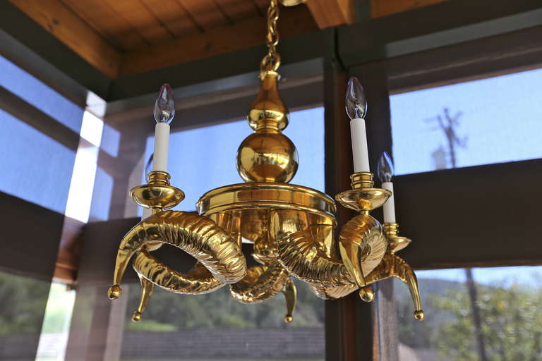 Solid Brass Rams Horn Chandelier In Excellent Condition In Costa Mesa, CA