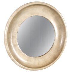 Large scale round parchment clad concave framed mirror