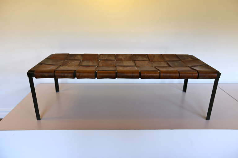 Mexican Woven Leather and Iron Bench