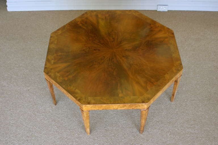 Octagonal burl wood coffee table by Baker.