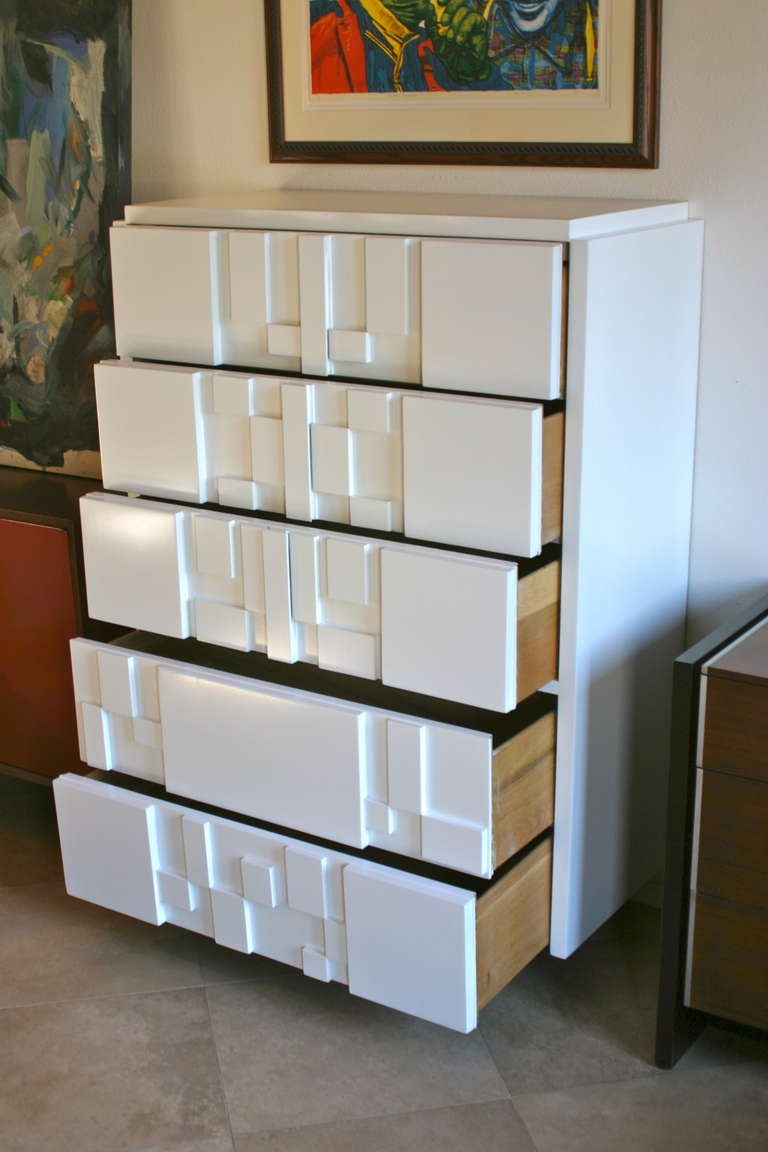 Late 20th Century Mosaic Satin White Lacquered Chest by Lane