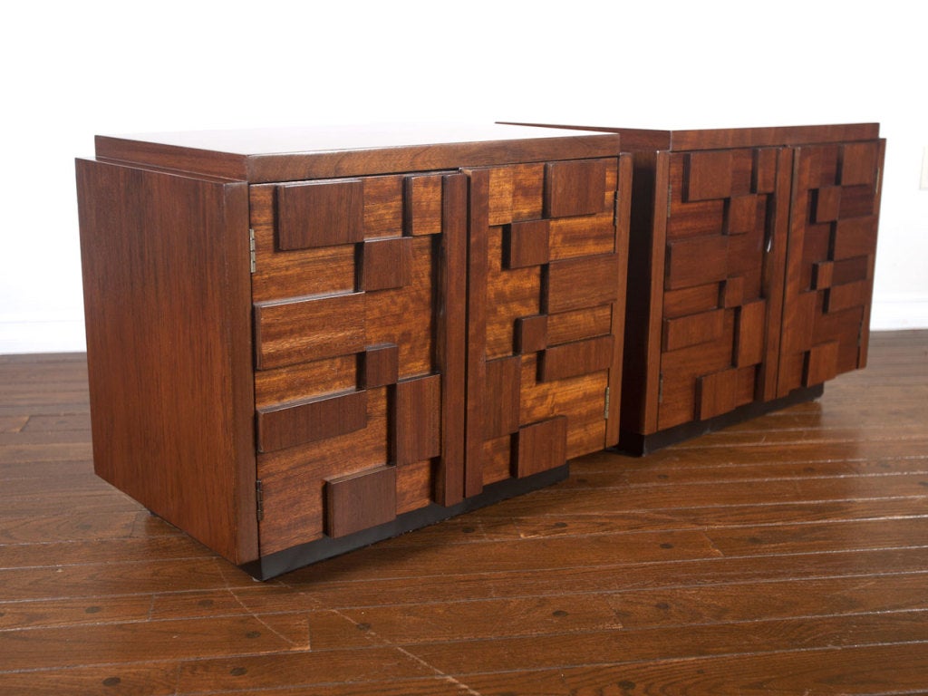Pair walnut mosaic nightstands / tables by Lane.  Brutal design influenced by Paul Evans and Louise Nevelson.  Matching long low dresser and chest available.