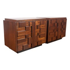 Pair walnut mosaic nightstands by Lane