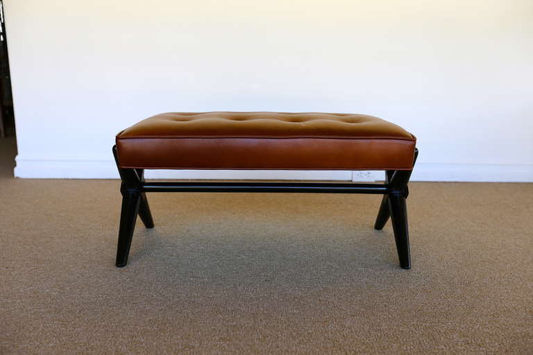 Leather Trestle Base Bench by T.H. Robsjohn-Gibbings In Excellent Condition In Costa Mesa, CA