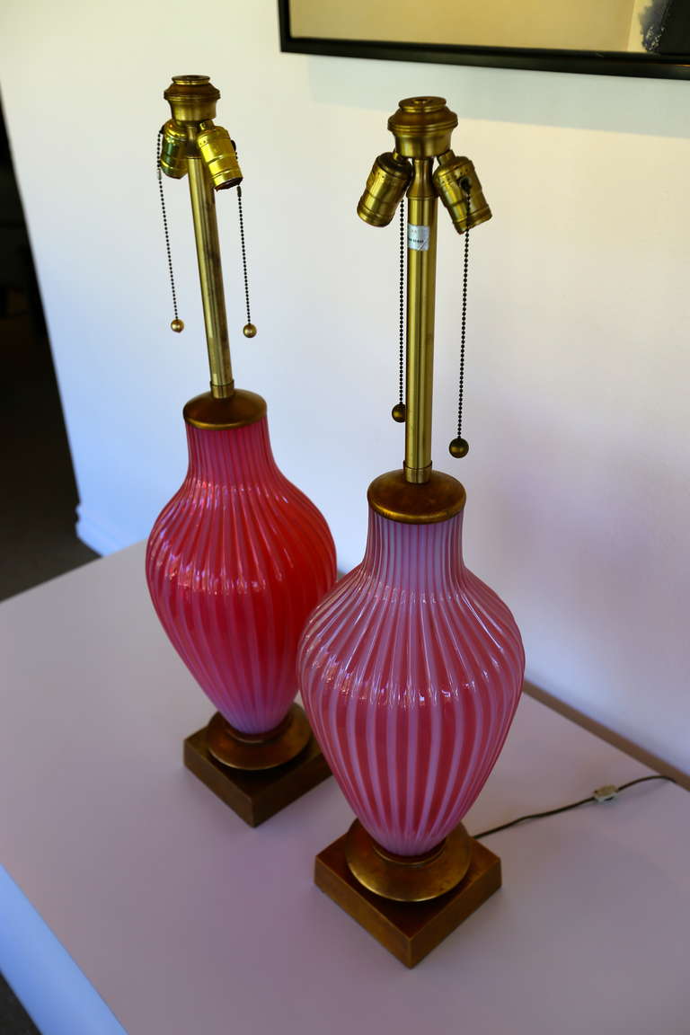 Marbro Murano Lamps in Raspberry Opaline Glass In Excellent Condition In Costa Mesa, CA